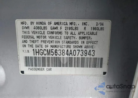 2004 Honda Accord 2.4 Lx from USA, damaged, VIN 1HGCM56384A073943